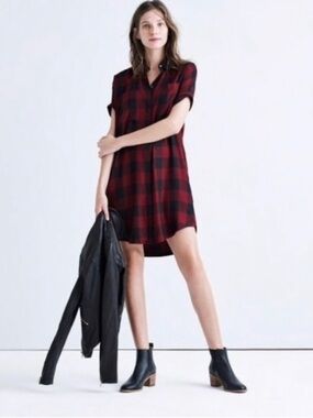 Madewell Red and Black Plaid High-Low Shirt Dress